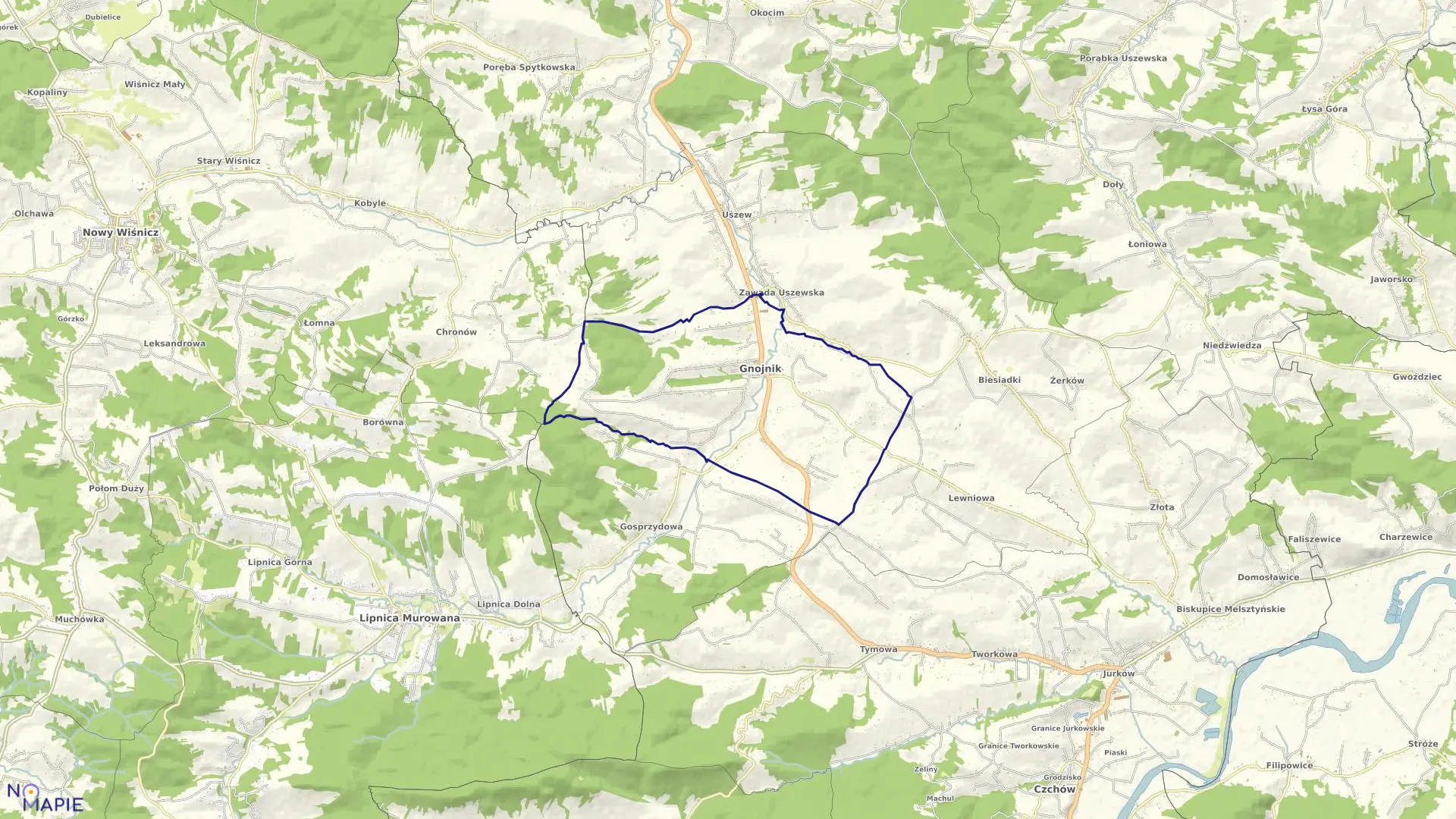 Mapa obrębu Gnojnik w gminie Gnojnik