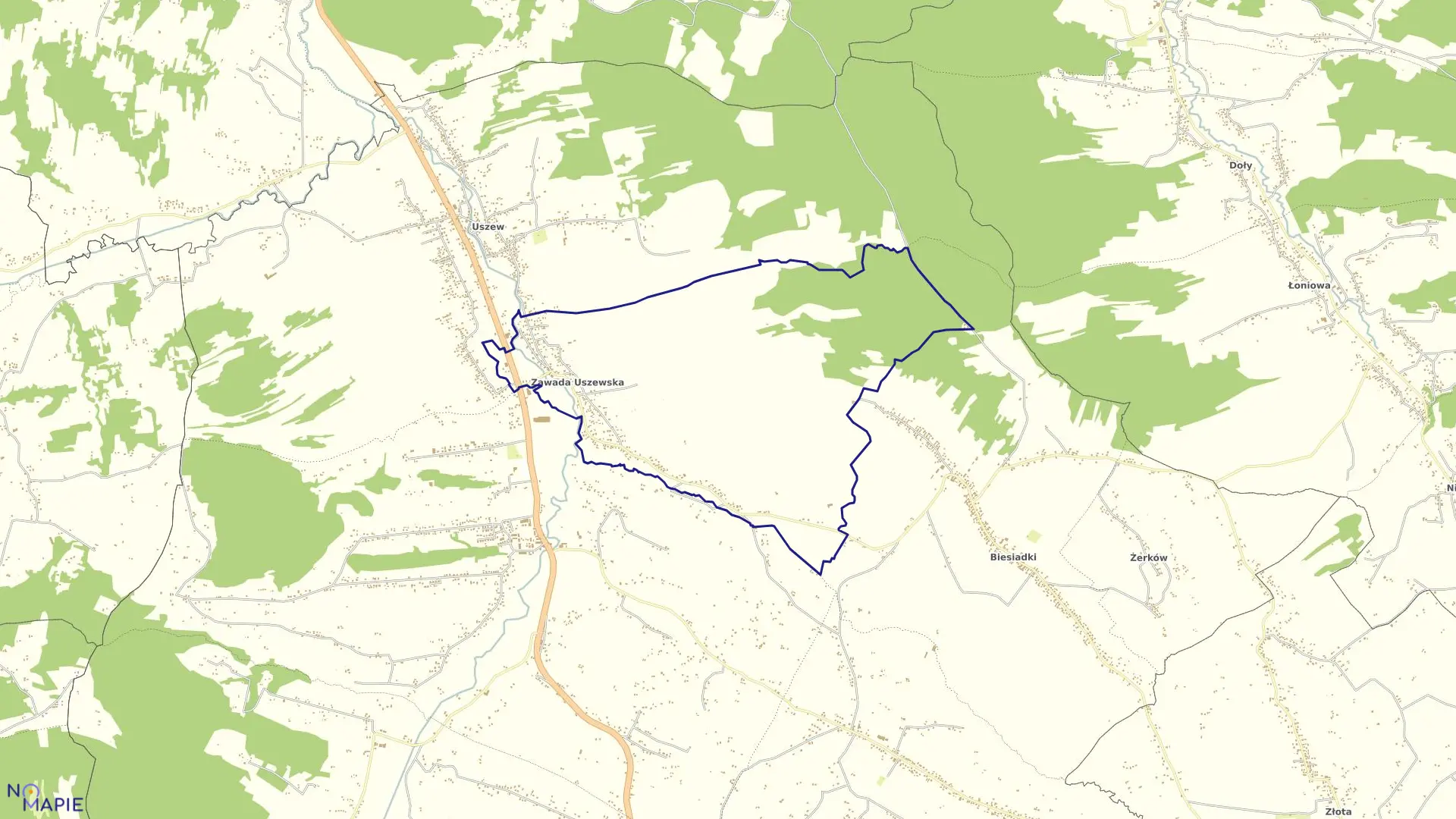 Mapa obrębu Zawada Uszewska w gminie Gnojnik